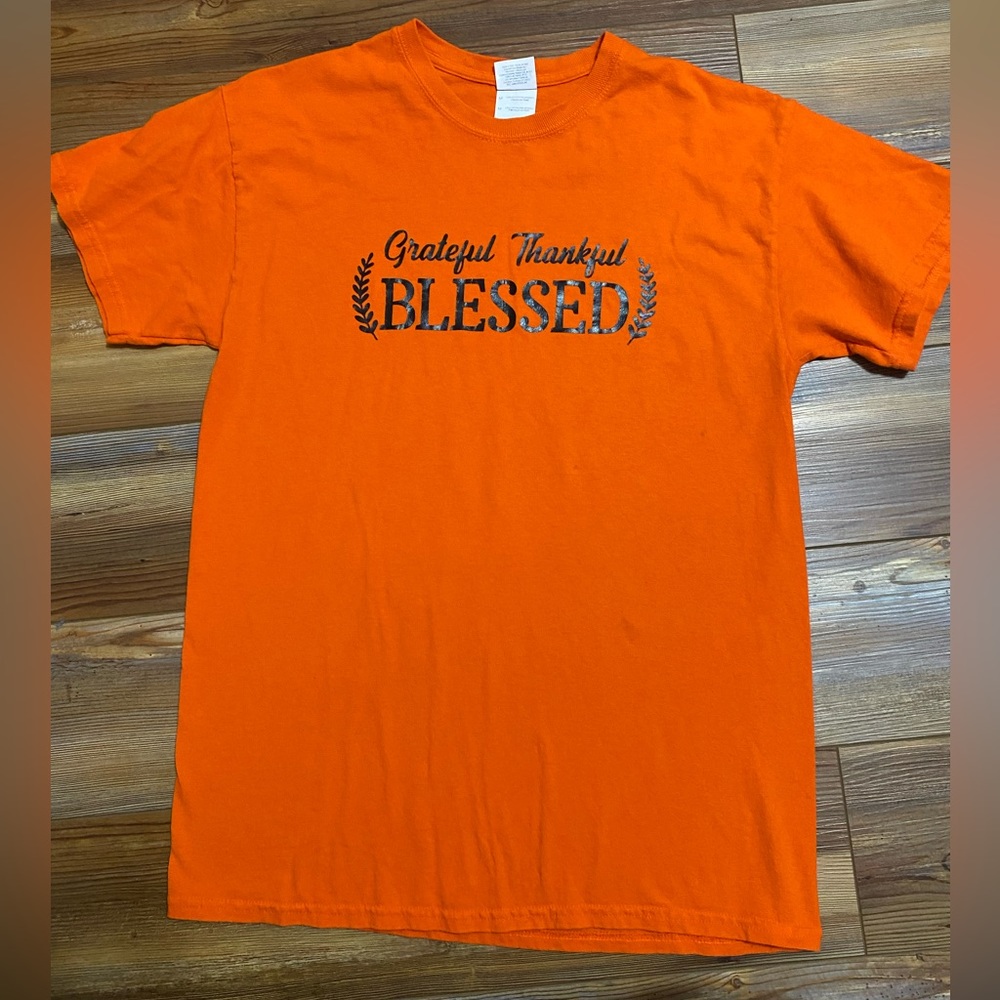 Grateful Thankful Blessed Short sleeve // Size Medium // Orange and Black